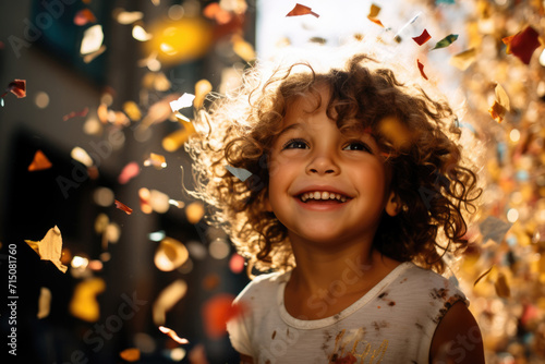 Little happy child in shiny festive birthday confetti