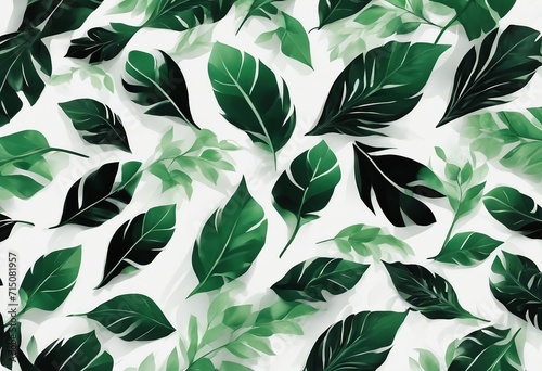 A Lot of Green and Black Abstract Leaves on White Background