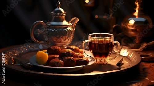 Still life with tea and dates on a dark background. Selective focus