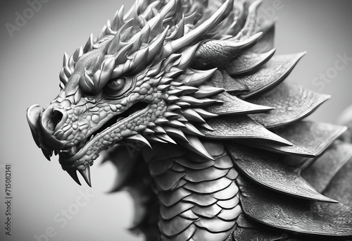 Elegant Black and White Dragon Head in Line Art Style Close Up Pencil Drawing on Scary Baby Dragon © FrameFinesse
