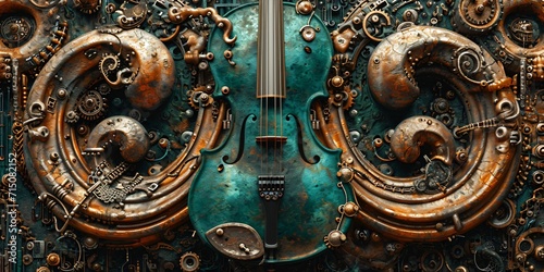 surreal steampunk relief, musical abstract pattern made of patinated copper 