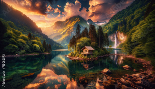 Idyllic Sunset View of a Secluded Cabin by a Mountain Lake with Waterfall © Miva