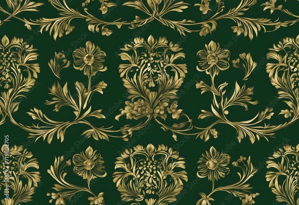Golden Floral Pattern on Dark Green Background with Intricate Design Japanese Sokya Fabric Golden Floral Pattern on Dark Green Background with Intricate Design Japanese Sokya Fabric