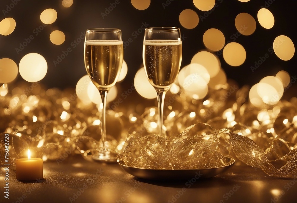 Two Champagne Glasses with a Candle Golden Glow of Festive Celebration Two Champagne Glasses with a Candle Golden Glow of Festive Celebration