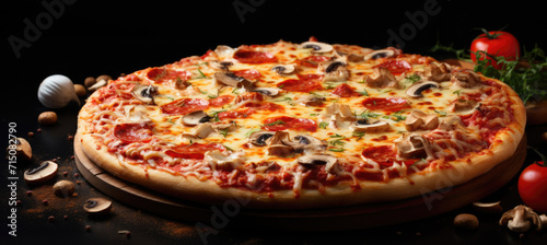 Pizza with cheese, tomatoes and mushrooms on a black table