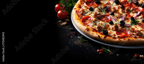 Pizza with cheese, tomatoes and mushrooms on a black table