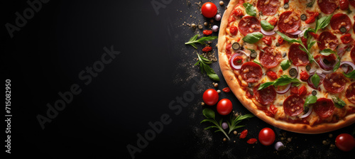 Pizza with cheese, tomatoes and mushrooms on a black table flat lay. Horizontal banner. Copy space for text