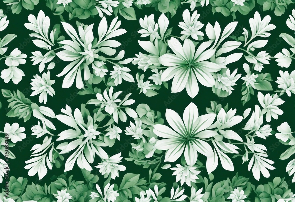 Various White Flowers and Leaves on Dark Green Background Various White Flowers and Leaves on Dark Green Background