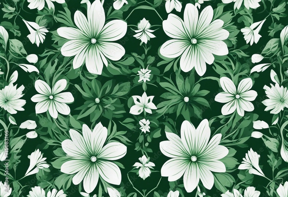 Green and White Floral Pattern A Detailed and Symmetrical Design of White Flowers on Green Background Green and White Floral Pattern A Detailed and Symmetrical Design of White Flowers on Green Background