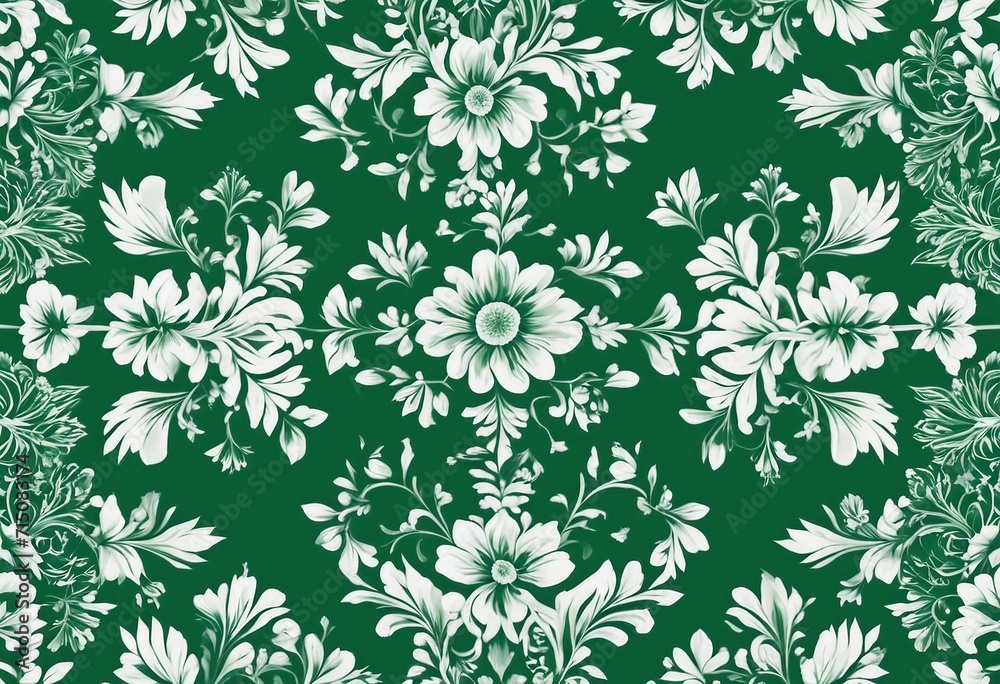 Green and White Floral Pattern A Detailed and Symmetrical Design of Flowers and Leaves