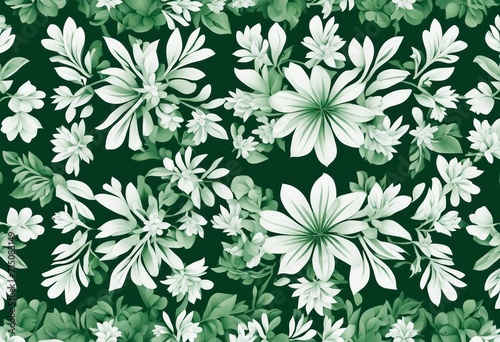 Various White Flowers and Leaves on Dark Green Background