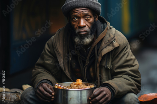 Beggar hungry poor african american man eating on the street