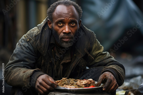 Beggar hungry poor african american man eating on the street