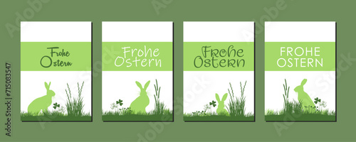 Osterkarten SET, Frohe Ostern deutsch, mit Hasen im Gras, Vektor Illustration