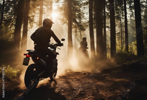 Motorbike Riders Motorcycle Silhouettes In Wild Forest Mountain Nature Dust Landscape Background