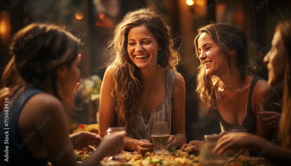 Grupo de amigos riendo y disfrutando al aire libre.
Alegre reunión de mujeres y amigos. Grupo de amigos riendo y disfrutando al aire libre.
Alegre reunión de mujeres y amigos.