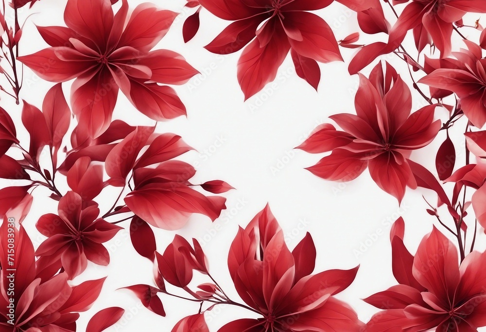 Pattern of Stylized Red Flowers and Flowing Leaves on a White Background