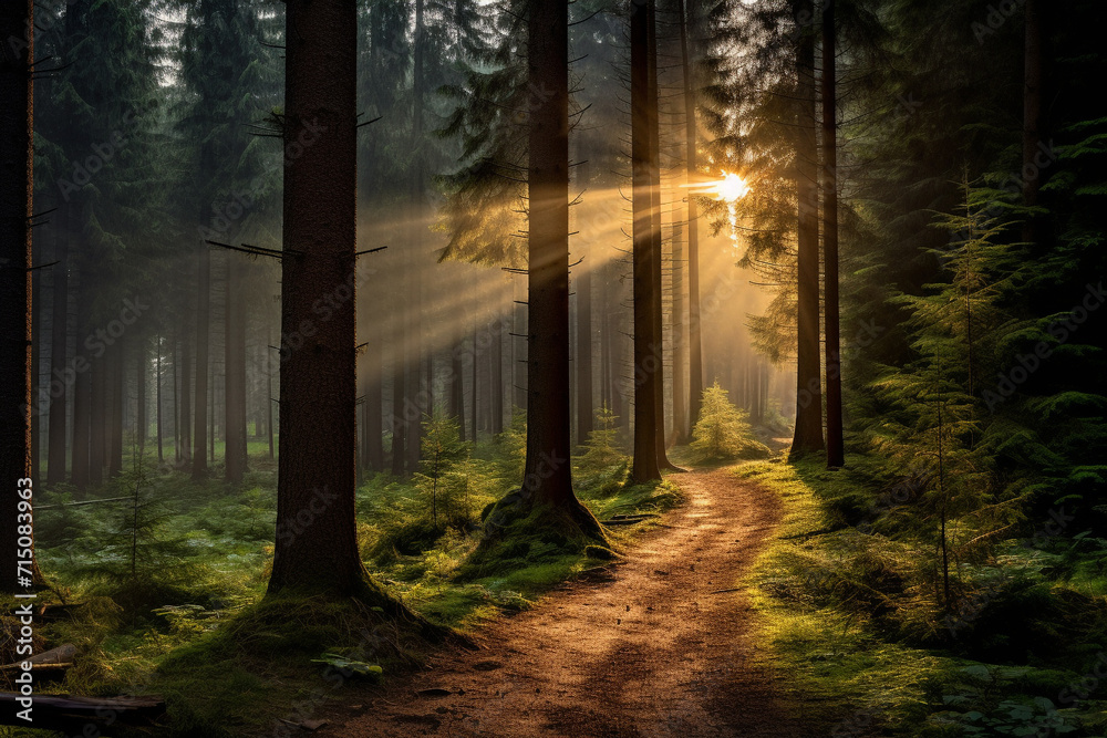 Obraz premium illustration of a morning in the forest. Created with Generative AI