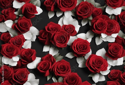 Pattern of Red Roses with White Leaves on Black Background