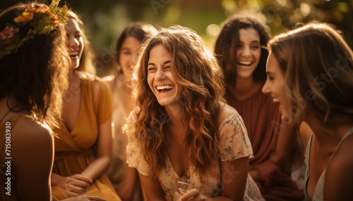 Grupo de amigos riendo y disfrutando al aire libre.
Alegre reunión de mujeres y amigos.