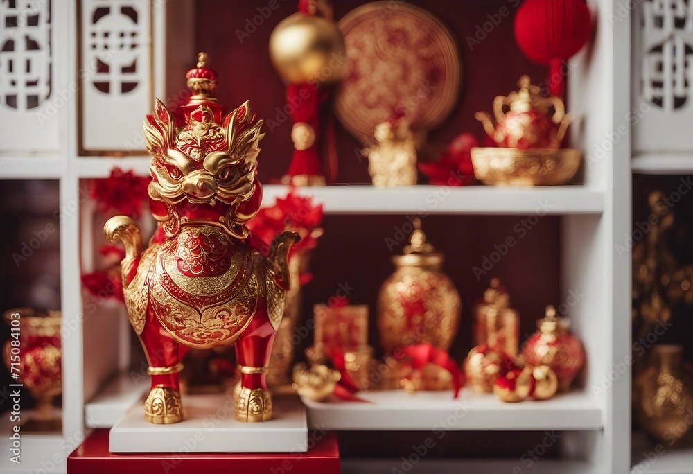 Red and Gold Chinese New Year Decorations on White Shelf