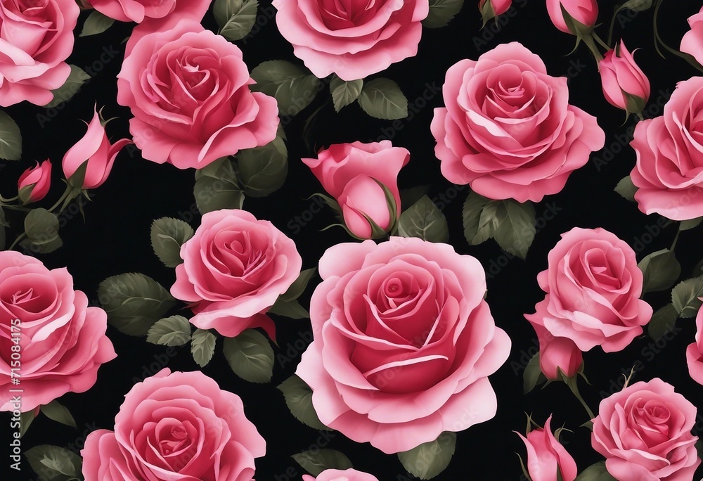 Pink Roses with Green Leaves Floral Pattern on Black Background Pink Roses with Green Leaves Floral Pattern on Black Background