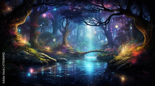 Enchanted forest scene with magical lights and mystical atmosphere. Fantasy landscape.