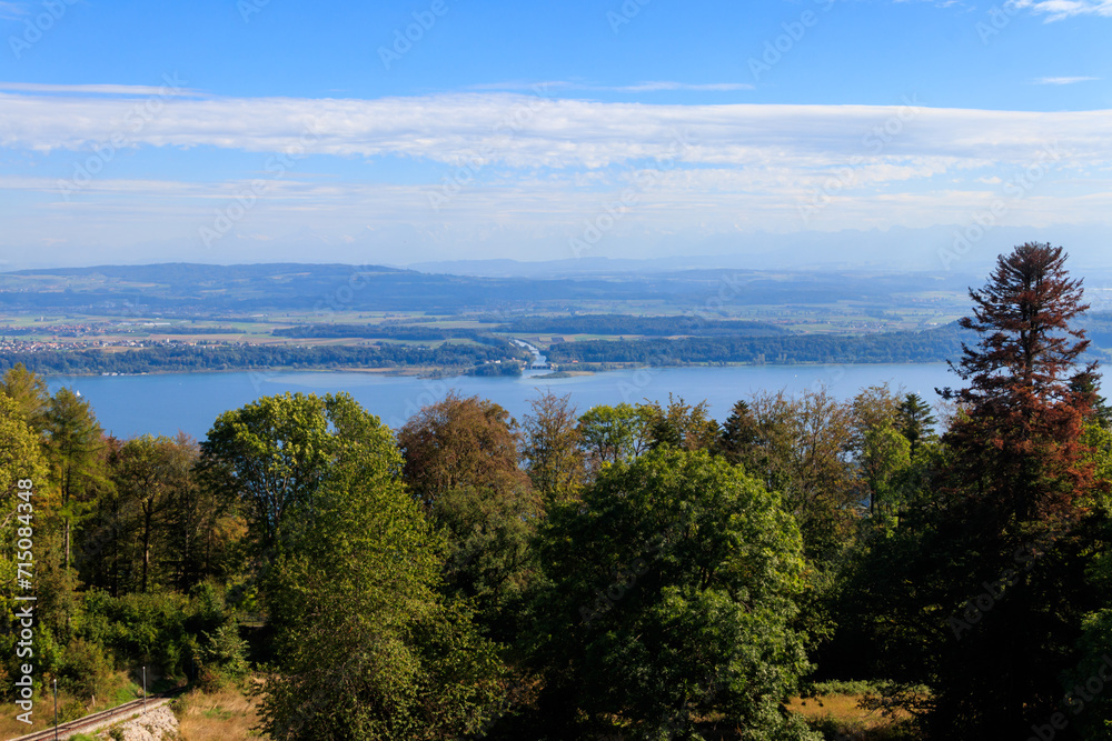 Aerial view of Biel lake from Preles in Bern canton, Switzerland - obrazy, fototapety, plakaty 