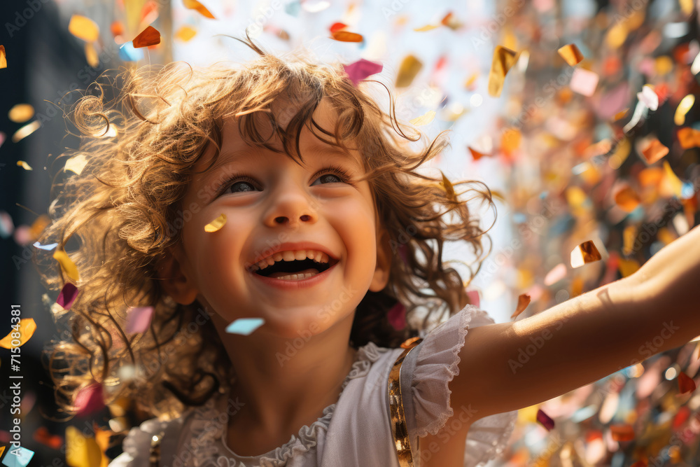 Child in confetti for birthday party Child in confetti for birthday party