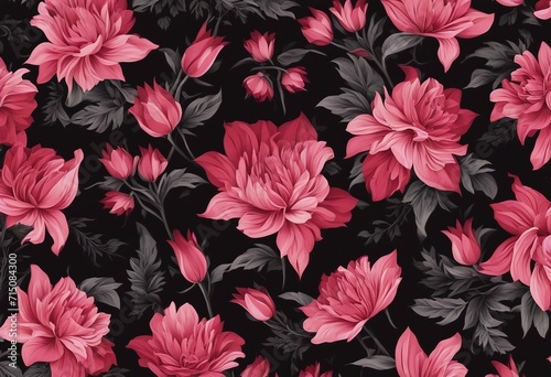 Seamless Red and Pink Floral Pattern on Black Background © FrameFinesse