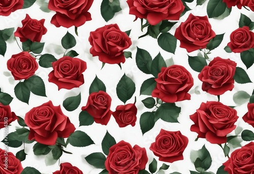 Seamless Pattern of Detailed Red Roses and Varied Leaves on a White Background © FrameFinesse