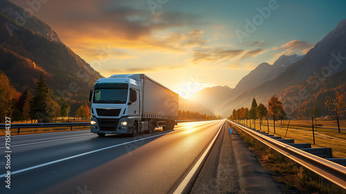 Commercial white truck on fall scenic highway, mountain vista, freight transport, sunrise journey, logistics, road trip, colorful autumn trees. photo