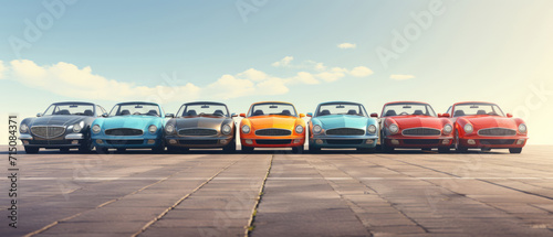 Row of colored retro cars. Horizontal banner