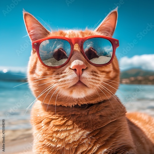 Portrait of Cute Red Cat in Sunglasses on the Beach