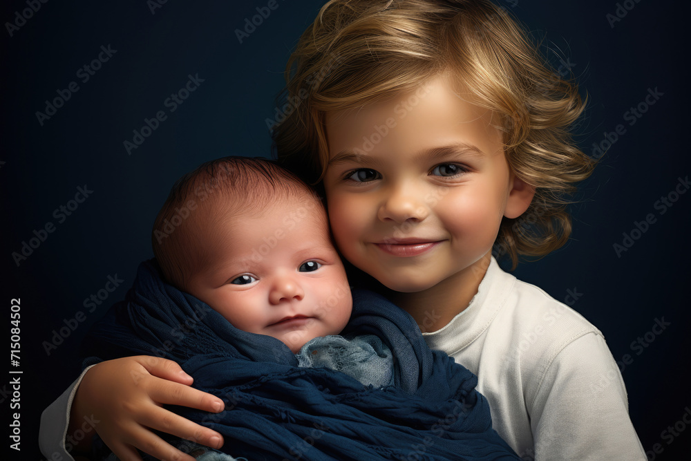 Boy hugging his newborn baby brother