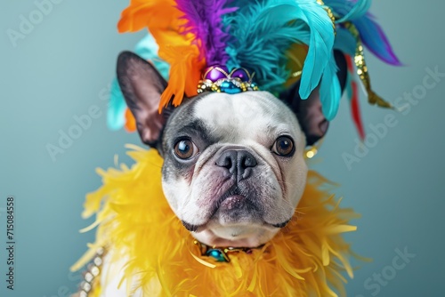 Bulldog dog in carnival outfit with colored feathers. Generative AI