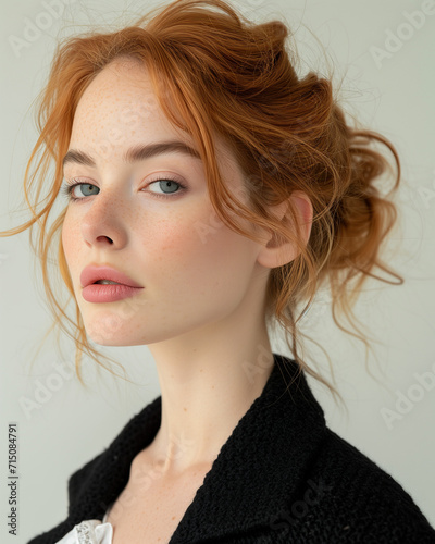 Auburn Elegance: Sophisticated Redhead with a Timeless Updo and a Touch of Freckles