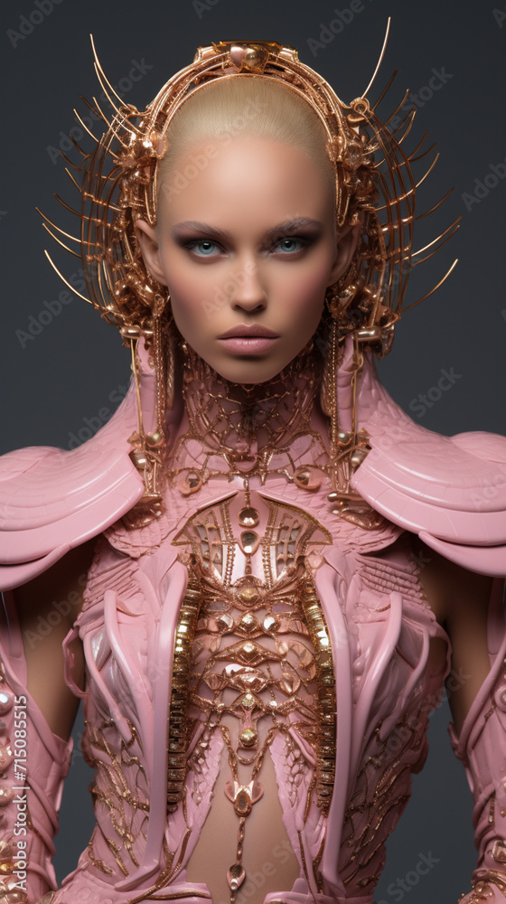Cyperpunk portraits. Futuristic augmented body, cyborg appearence, science fiction, dystopian future with high tech gear, cybernetic wear. Body enhanced with implants. AI Generative