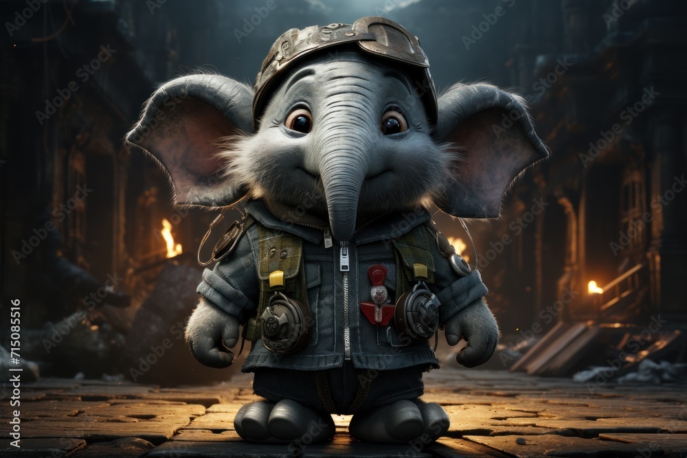  an elephant dressed in a costume standing in front of a fire place with a helmet on it's head. - obrazy, fototapety, plakaty 