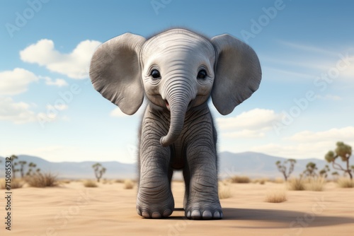  a baby elephant standing in the middle of a desert with a blue sky and white clouds in the back ground.