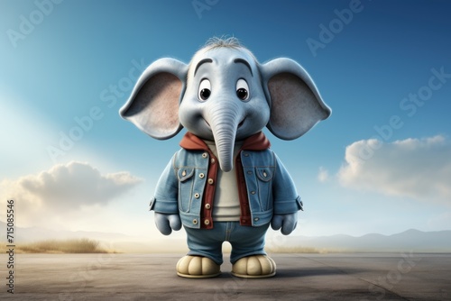  an elephant in a blue jacket standing in the middle of a dirt road with mountains in the background and clouds in the sky.