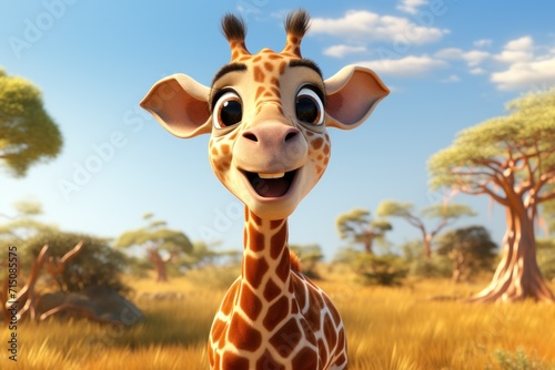  a close up of a giraffe in a field of grass and trees with a sky in the background.