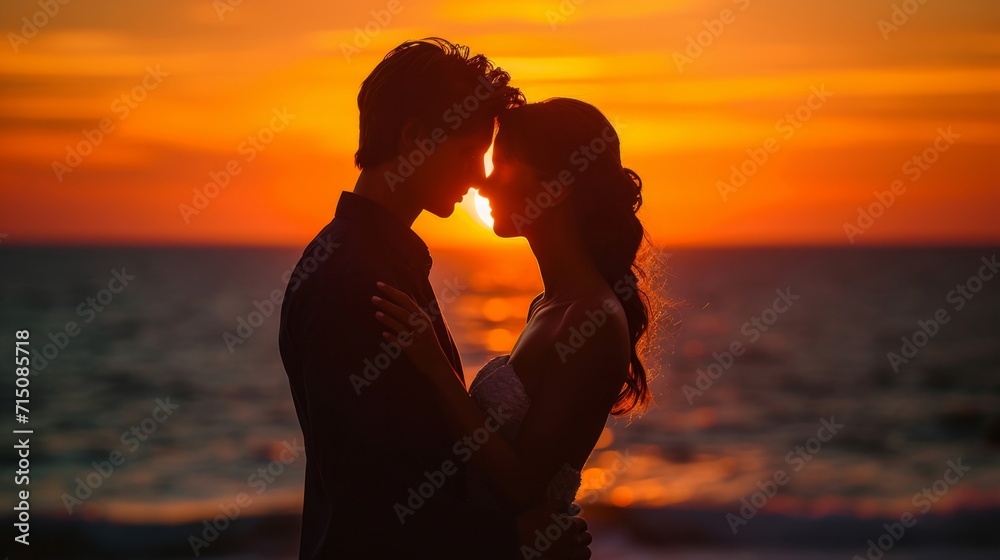 Couple's Silhouette Against a Sunset: Image: A silhouette of a couple embracing against a vibrant sunset backdrop
