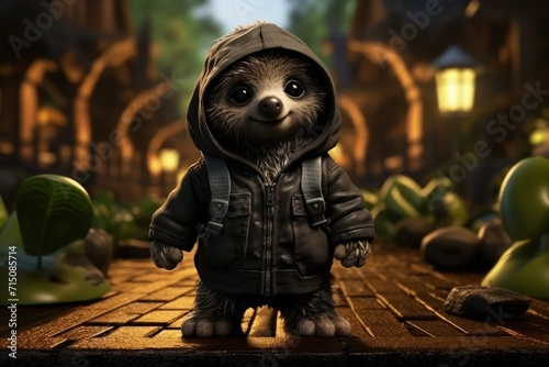  a racoon in a hooded jacket is standing on a brick walkway in the middle of a park at night.