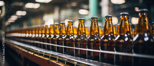 Row of beer bottles on a conveyor belt in a brewery. Horizontal banner