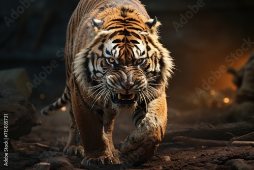  a close up of a tiger walking on a dirt ground with a light in the back ground and a blurry background.
