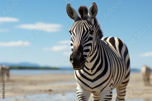 a close up of a zebra on a beach with other zebras in the background and a blue sky with wispy clouds.