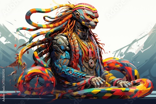  a digital painting of a man with dreadlocks sitting on the ground with a snake wrapped around his body.