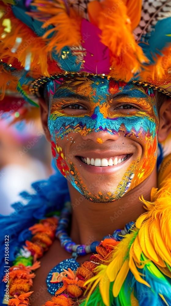Man decorated for the Brazilian carnival full of vibrant colors and engaging energy. Decorated face of a handsome man with exuberant charm for the carnival festivities. Man decorated for the Brazilian carnival full of vibrant colors and engaging energy. Decorated face of a handsome man with exuberant charm for the carnival festivities.