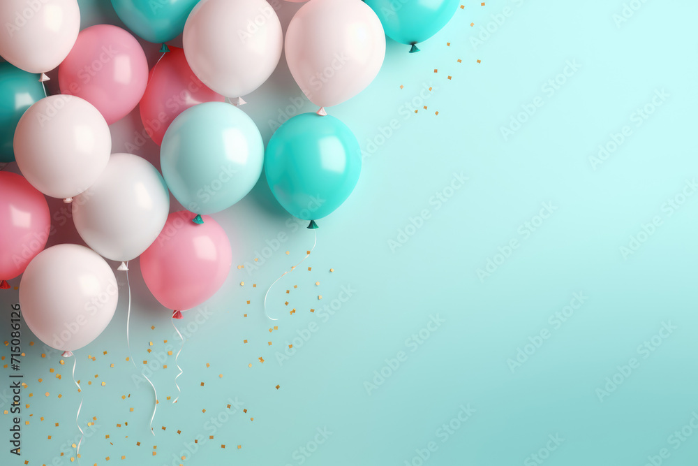 Colorful balloons on a blue background birthday, holiday or party background. Copy space for text
